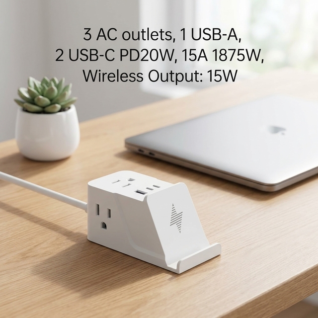 3AC Outlets Power Strip with USB C PD20W 2USB A and 15W Wireless Charger for Home Office Desktop