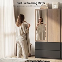 Armoire moderne haute autoportante en MDF avec 3 portes, miroir, 2 tringles de suspension et 2 tiroirs - Idéale pour salon et salle de sport