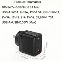 Chargeur mural 35W PD GaN USB A Type C double port, adaptateur de charge rapide, prise AU, certifié CE, pour téléphone, tablette, ordinateur portable