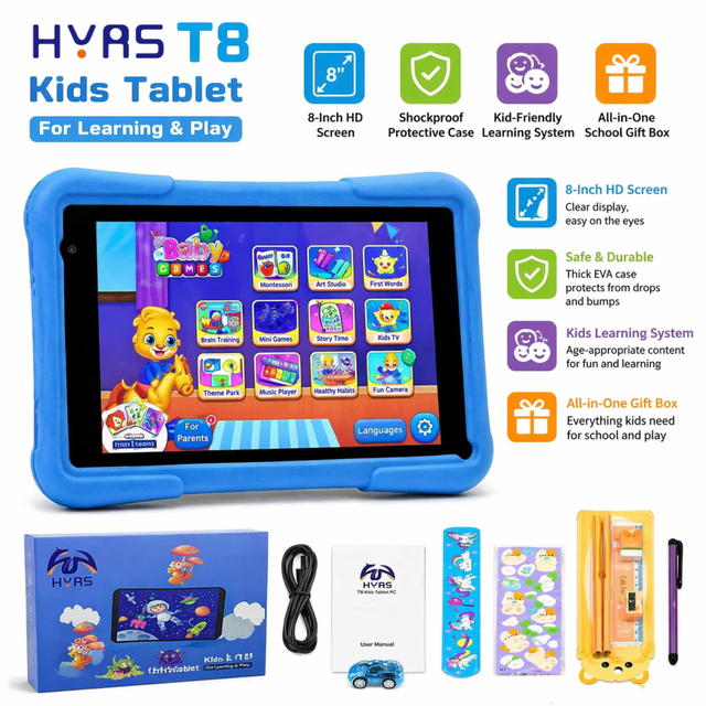 T8 Kids Tablet 8" with Shockproof Case Stylus Sticker School Gift Box for Toddler Learning Home Preschool