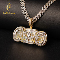 Colgante Personalizado con Letra CEO, Diamantes de Laboratorio, Totalmente Cubierto de Piedras Baguette y Redondas, Chapado en Oro de 14K, Collar Unisex Estilo Hip Hop, Joyería