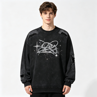 T-shirt à manches longues déchiré et délavé avec découpe, imprimé Kornit DTG Sparkle Cosmic Graffiti, effet usé, style streetwear ample