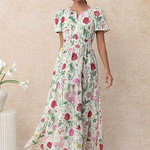 Vestidos Maxi Casuales de Moda para Mujer con Logotipo Personalizado, Manga Abullonada, Estampado Fruncido y Elástico - Product Image 3