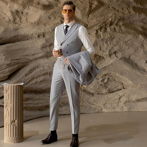 Costume pour homme en laine gris clair de haute qualité, coupe ajustée pour affaires, mariage, robe de luxe, printemps et automne, style marié - Product Image 4