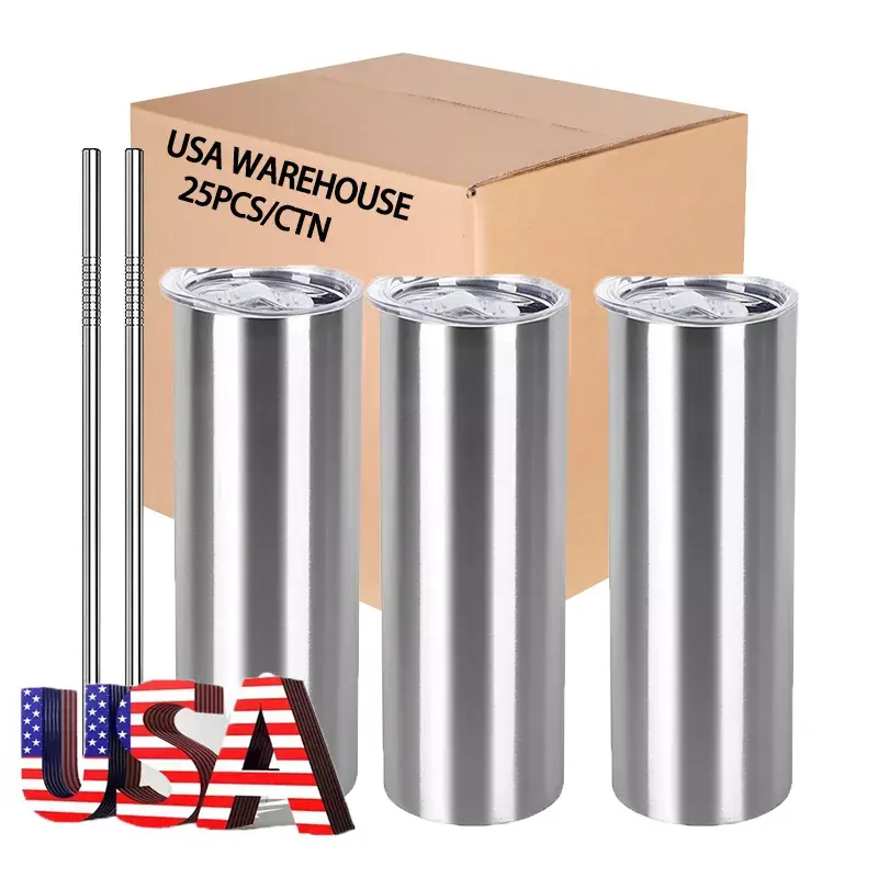 USA Warehouse 20oz Tumbler Double Walled Car Travel Tumbler Cups Coffee Mug Silver Sublimation Stainless Steel