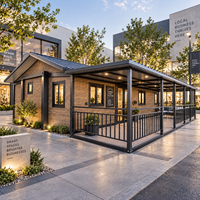 Maison préfabriquée modulaire urbaine avec terrasse couverte, espace commercial moderne pour showroom, bureau ou commerce, idéale pour projets commerciaux