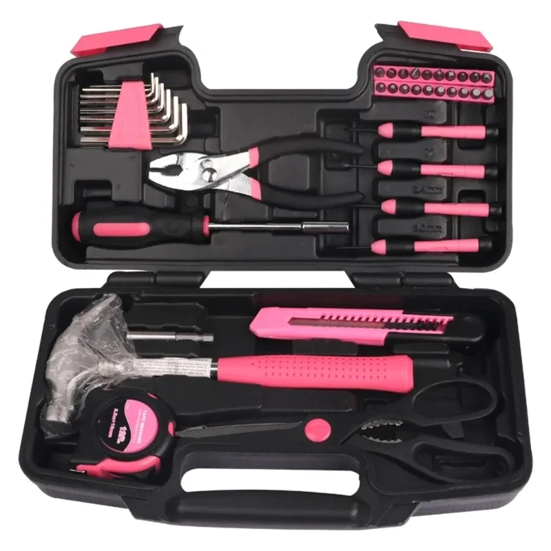 Original 39 Piece Repair Hand Tool Set Tool Box Storage Case Pink Ribbon