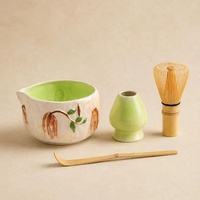 Ensemble de 100 pièces de bols à matcha en céramique, style moderne et simple, avec bec verseur motif cerise peint à la main, fouet à thé et support, kit complet d'outils pour la préparation du thé