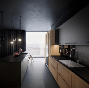 Ensembles d'armoires de cuisine minimalistes en <span class=keywords><strong>bois</strong></span> grainé <span class=keywords><strong>noir</strong></span> mat style Shaker, design contemporain sans poignées, armoires de garde-manger avec îlot - Product Image 4