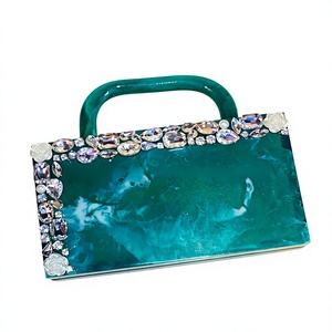 Bolso de mano de resina cristalina con decoración de perlas para fiesta de noche, estilo marco brillante, cierre de solapa, BOLSO DE RESINA - Product Image 1