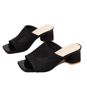Nouvelles sandales d'été tissées à talon moyen pour femme, grande taille, respirantes, à bout carré et talon épais - Product Image 5