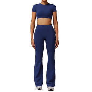 KY51 femmes 2 pièces Yoga ensemble serré séchage rapide <span class=keywords><strong>col</strong></span> en <span class=keywords><strong>V</strong></span> recadrée à manches longues haut taille haute Shorts tenue d'entraînement Yoga course - Product Image 6
