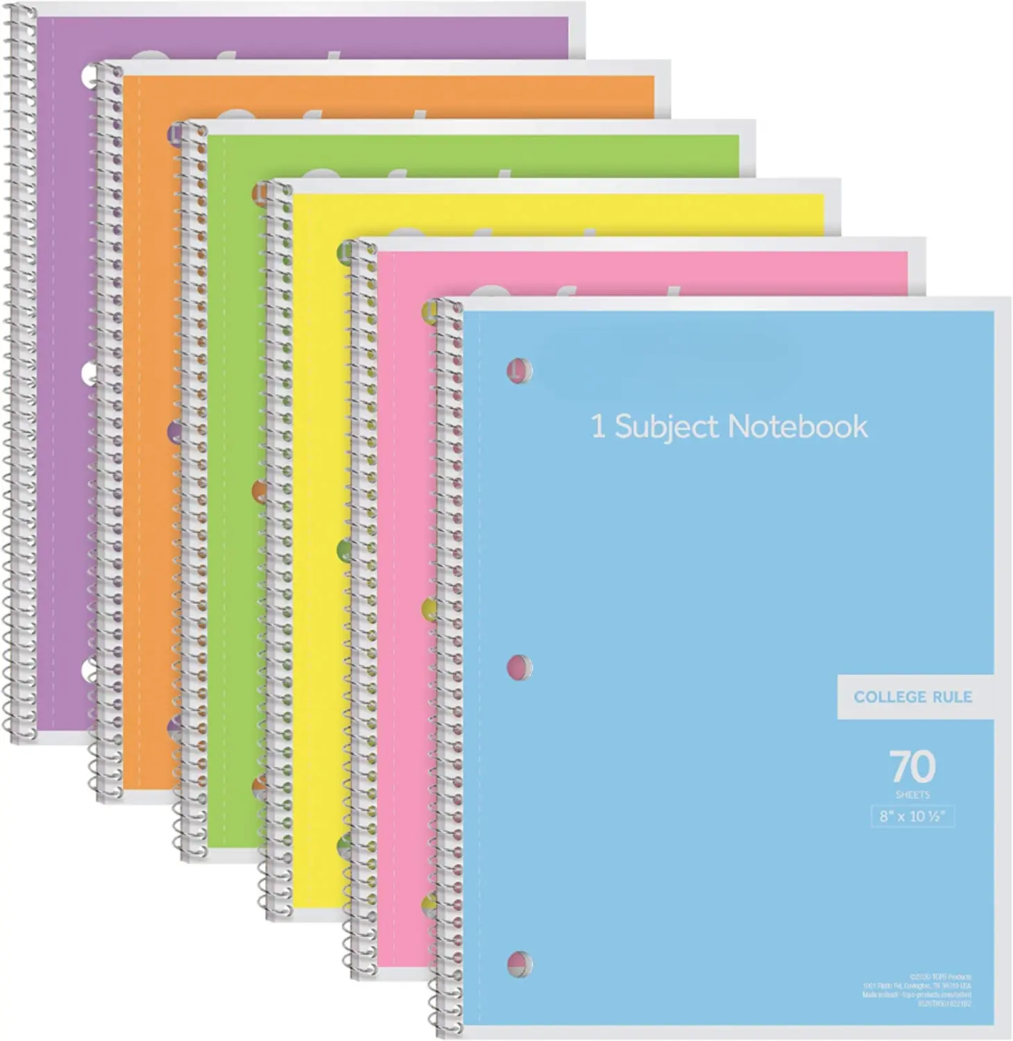 Spiral Notebook 6er Pack, 1 Fach, College-Papier, 8x10-1/2 Zoll Pastell Pink Orange Gelb Grün Blau und Lila 70 Blatt