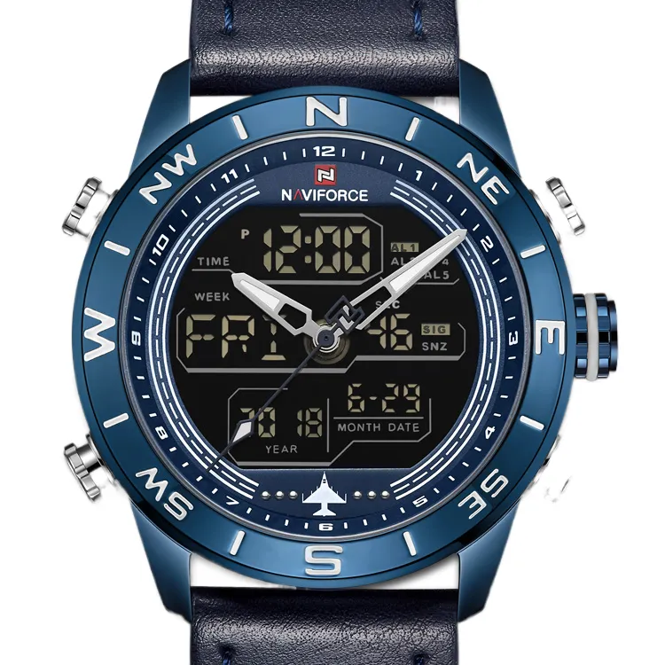 NAVIFORCE 9144 Bebe Casual Creativity Sport Watches LED Digital & Quartz Men 2019 Alloy Genuine Leather Round Buckle 44mm