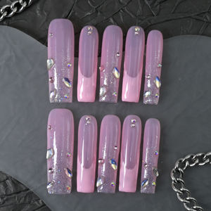 Faux ongles carrés en acrylique faits à la main, couvrance totale, forme cercueil, design rose avec strass, vente en gros - Product Image 2