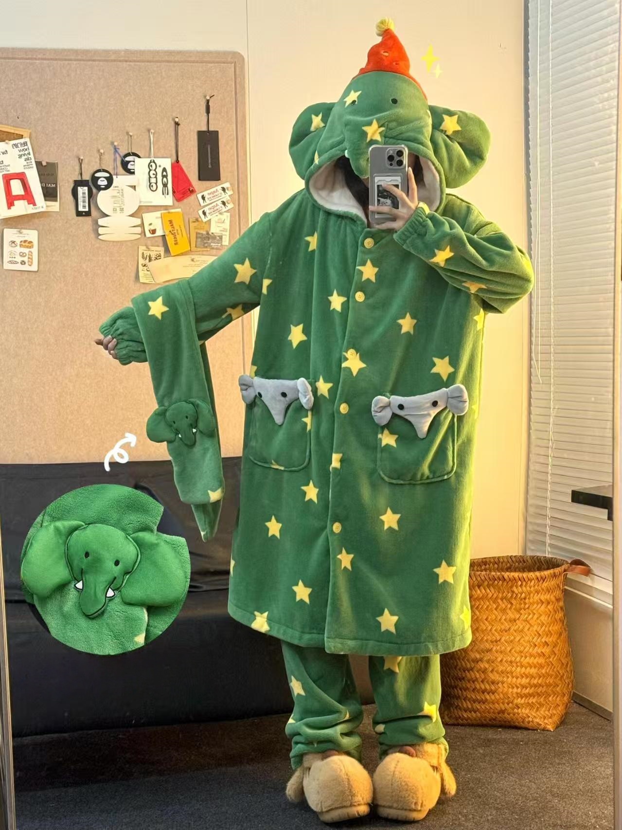 Ensemble robe et pantalon éléphant mignon vert IM93 (écharpe assortie gratuite)