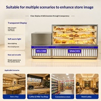 Kommerzielle Vitrine im modernen Stil aus poliertem Edelstahl mit Glas, mehrstufiges Brot- und Kuchenregal mit LED-Beleuchtung in Goldbraun