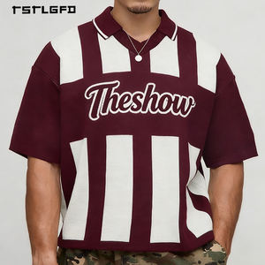 T-shirts en coton épais à rayures verticales personnalisables de qualité supérieure, col en V, manches courtes, couleur bordeaux - Product Image 1