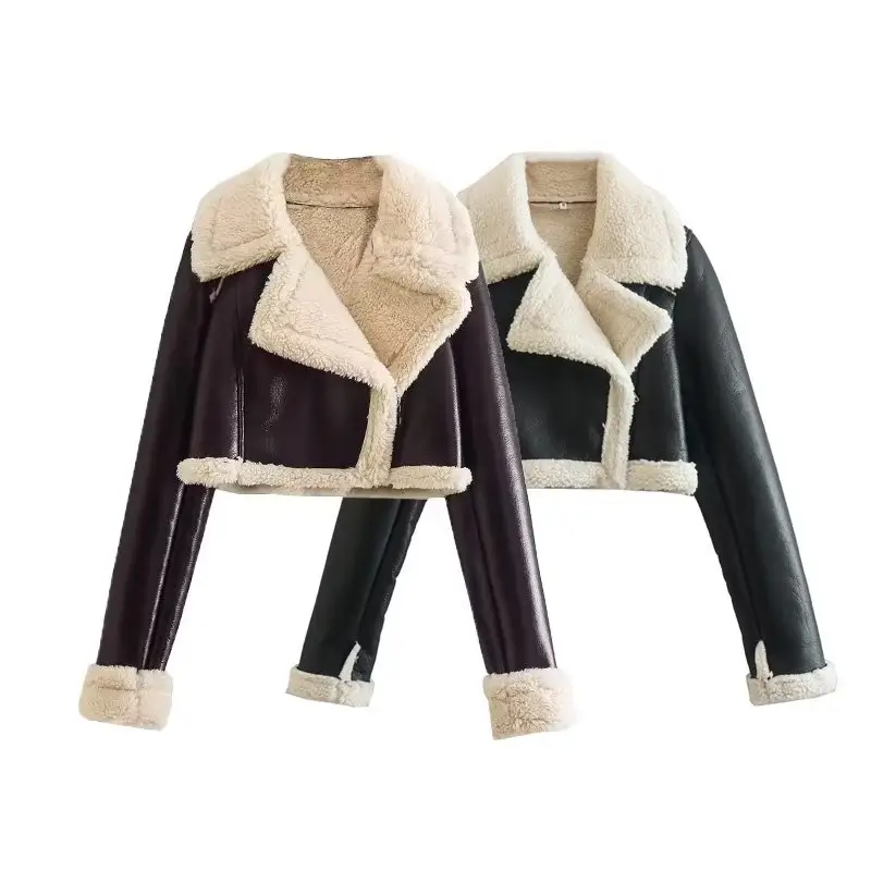 2023 도매 여자의 새로운 패션 가짜 모피 하나 두꺼운 깊은 따뜻한 갈색 양면 짧은 Pb & za 재킷