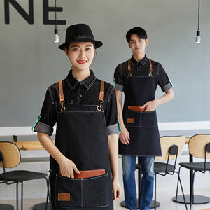 <b>Denim</b> Cross-Strap <b>Apron</b> Blue And Black Polyester Restaurant Bar Uniform Waterproof Antifouling With Pockets - Product Image 1