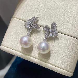 9-10mm Edison Pearl Iris Flower Dangle <b>Earrings</b>, 925 Sterling <b>Silver</b> Crystal Inlaid Floral <b>Drop</b> <b>Earrings</b> for Women - Product Image 1
