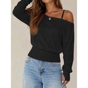 Custom Womens Off Shoulder Sweatshirt <b>Crop</b> <b>Top</b> Oversized <b>Long</b> <b>Sleeve</b> Workout Shirt Cinched Waist Breathable Knitted Fabric - Product Image 2