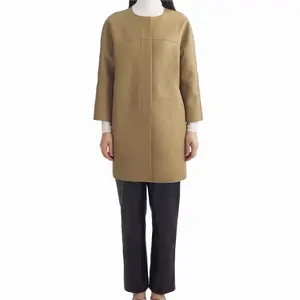 Haute Qualité Personnalité Design Midi Longueur Kaki U Cou En Cuir Véritable Manteau Femmes