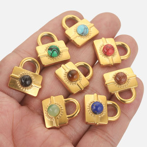 PVD Gold Stainless Steel <b>Padlock</b> Charm Pendant with Natural Stones for Necklace or Bracelet Lovers Couples Jewelry Set Making - Product Image 3