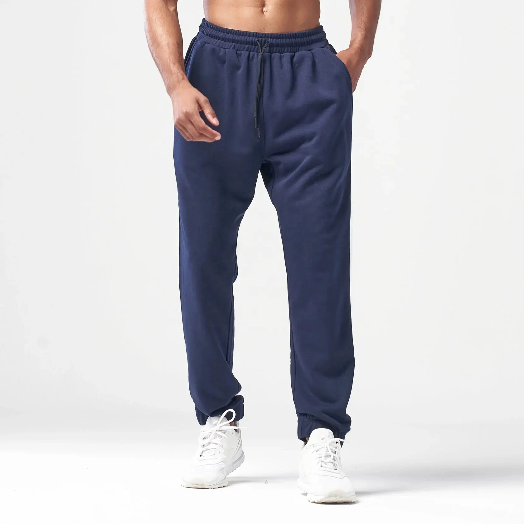 Op Maat Gemaakte Performance Training Heren Joggingbroek Anti-Krimpkous 100% Katoenen Comfort Joggingbroek Marineblauwe Gymkleding Broek