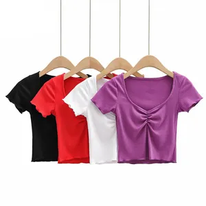 S2470C 2021 Neue Mode schlanke einfarbige Brust plissiert T-Shirt Dame lässig Tops Frauen Bluse