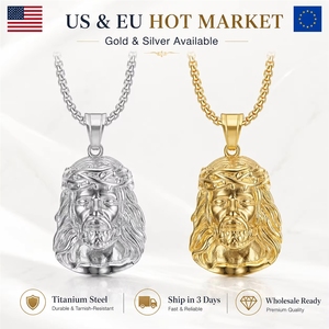 Ciondolo Religioso in Acciaio Inox a Forma di Testa di Gesù con <span class=keywords><strong>Spine</strong></span>, Placcato in Oro 18k, Vendita all'Ingrosso - Product Image 2