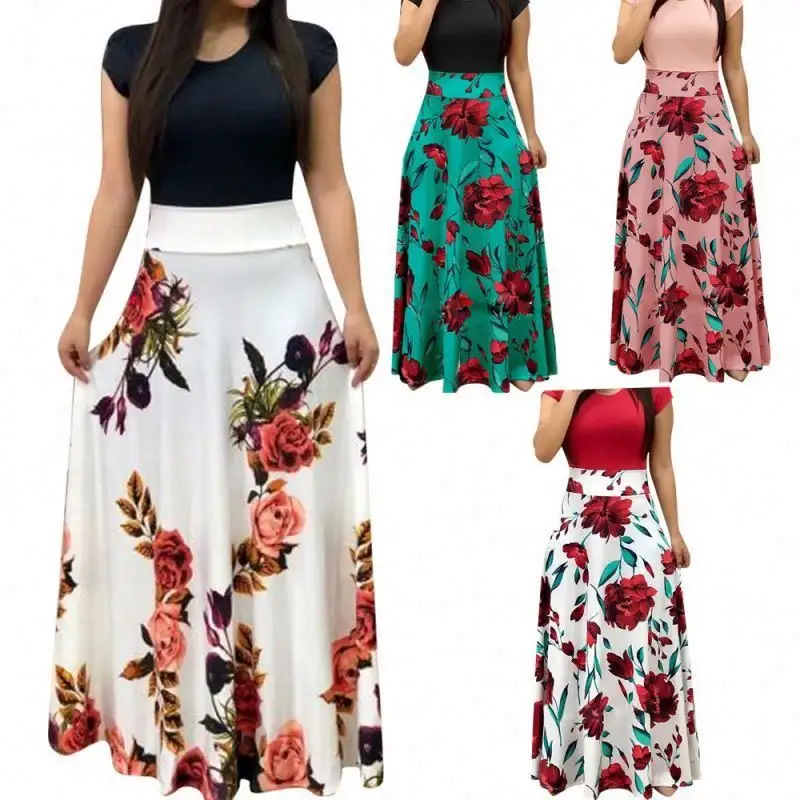 Women'S Chiffon Long Skirts Women Summer, Flower Print Color Block Dress Long Skirt