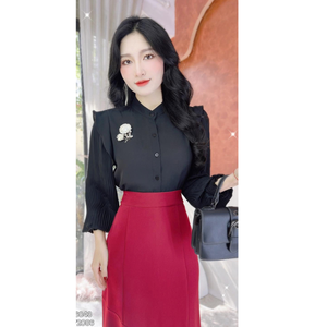 Camisa Ecológica de Manga Larga para Mujer con Detalles de Volantes Plisados, Blusa Casual de Oficina, Color Sólido, Manga Raglán Tres Cuartos - Product Image 3