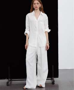 Camicia a maniche lunghe e <span class=keywords><strong>pantaloni</strong></span> dritti con motivo solido Set a due pezzi di <span class=keywords><strong>lino</strong></span> Casual alla moda - Product Image 2