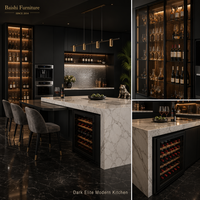 Armoires de cuisine modernes noires en panneaux mélaminés, acier inoxydable, stratifié marbré, design écologique et ignifuge pour appartement