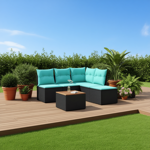 Conjunto de Sofás de Patio de Ratán Sintético Negro Moderno con Cojines, Muebles de Exterior de 6 Plazas, Diseño Contemporáneo - Product Image 2