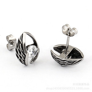 yunnique Vintage Zircon <b>Wing</b> Stud Earrings <b>Black</b> And White Bezel Setting Stainless Steel 316L Angel Eye Design - Product Image 5