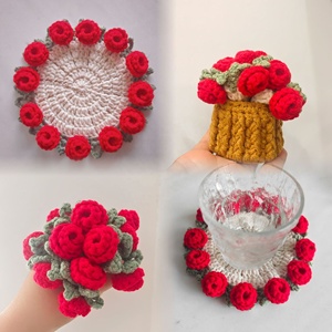 Finished Handmade <b>Rose</b> Bouquet coaster Wool Crochet Cup Into a Hand-held Bouquet Creative Gift Woven Flower coaster - Product Image 1