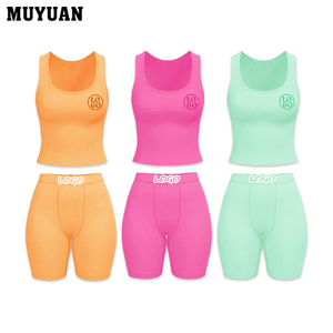 Ensemble 2 pièces côtelé pour femme : débardeur court et short, tenue décontractée d'<span class=keywords><strong>été</strong></span> 2026, personnalisable avec logo, en coton et élasthanne, doux et confortable, pyjama OEM - Product Image 1