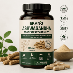 Cápsulas de Extracto de Raíz de Ashwagandha 500mg, Suplemento Herbal para el Alivio del Estrés, Apoyo al Sueño y Equilibrio Energético, Fabricación Estadounidense OEM/ODM - Product Image 1