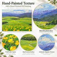 Peinture sur toile moderne, prairie de fleurs jaunes, sentier sinuose, montagnes violettes, art mural peint à la main, décoration intérieure
