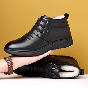 Men's Winter Leather Snow Boots Black Fleece Lined Warm High Top Lace Up For Middle Aged And Elderly - Product Image 1