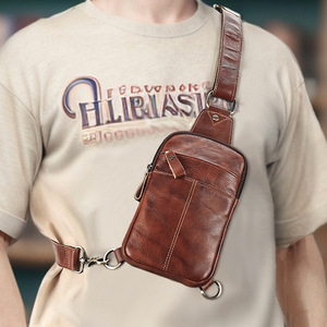 Men's Genuine Leather Chest <b>Bag</b> Brown Zipper Closure Crossbody Outdoor Travel Single Shoulder <b>Bag</b> Telescopic Handle Solid Color - Product Image 3