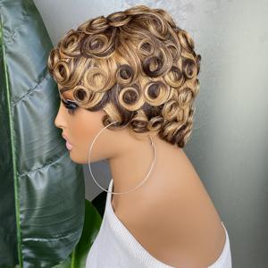 Cheveux humains Highlight Short Pixie Cut <span class=keywords><strong>avec</strong></span> Bangs Rose Net Cap Everyday Formal Hairstyle Machine Made Perruque - Product Image 4