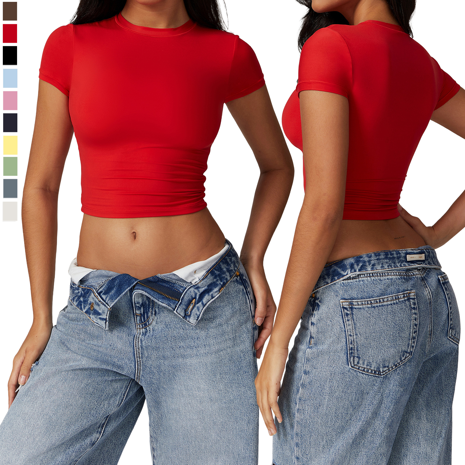 Women's Crew Neck Yoga Top Breathable Quick Dry Sweat-Wicking 4-Way Stretch Short Sleeve Slim Fit Workout T-Shirt