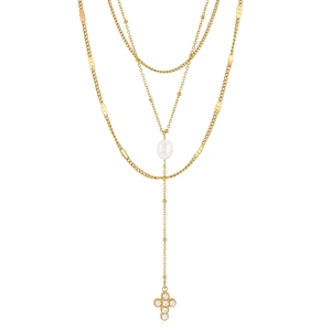 Collares de cadena en capas con dijes de perlas naturales y circonitas para mujer, collares apilados de acero inoxidable con cadena en Y para clavícula, joyería. - Product Image 5