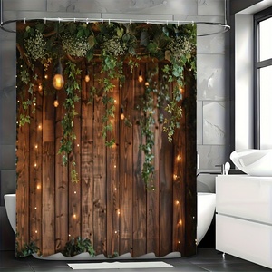 Cortina de Ducha Rústica de Madera con Diseño Floral de Hiedra Verde y Guirnalda de Luces, Impermeable y Resistente al Moho - Product Image 4