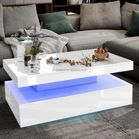 Table basse de salon blanche haute brillance avec lumières LED RVB 2 tiroirs de rangement pour meubles de bureau à domicile