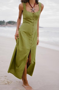 MYST&ZA Vêtements pour Femmes Été 2025 Nouveau Style <span class=keywords><strong>Robe</strong></span> <span class=keywords><strong>Midi</strong></span> en <span class=keywords><strong>Lin</strong></span> Sans Manches à Col Carré Tendance, Simple et Polyvalente 6962030 - Product Image 2