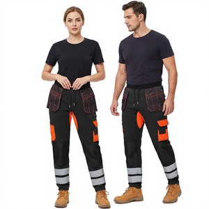 Unisex Windproof CE Certified Work Pants Polyester Reflective Safety Cargo Pants with Orange Pockets and Silver Stripes - Product Image 1
